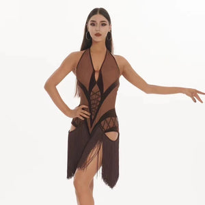 Latin Dance Dress, Women's White, Brown, Black Mesh Halter Fringe Lace-Up Bodysuit