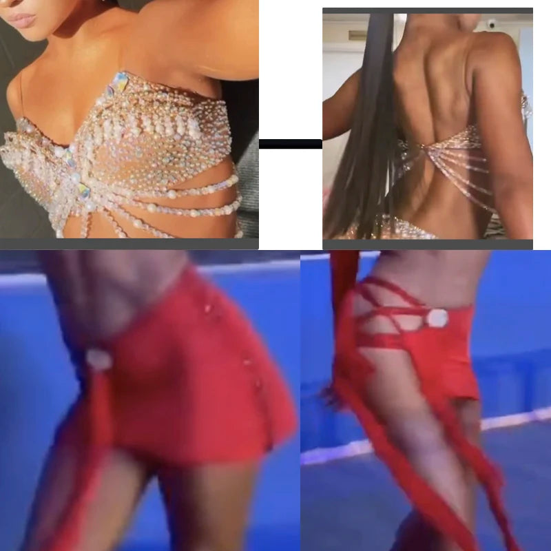 Latin Dance Dress Women's White & Gold Beaded Fringe Rhinestone Bra Top & Red Cut-Out Skirt Set