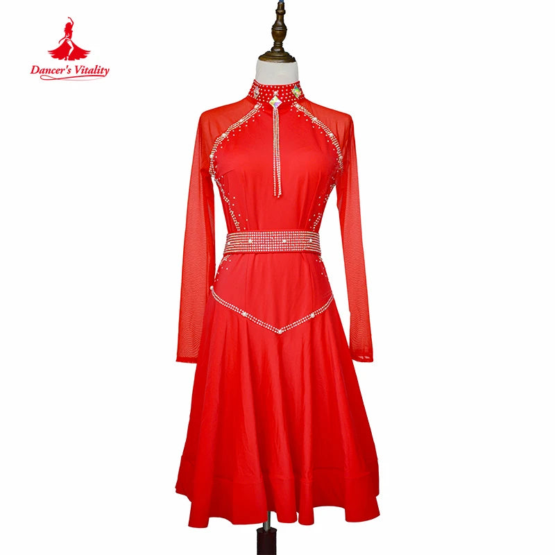 Women's Royal Blue Rhinestone Mesh Long Sleeve Latin Ballroom Dance Dress