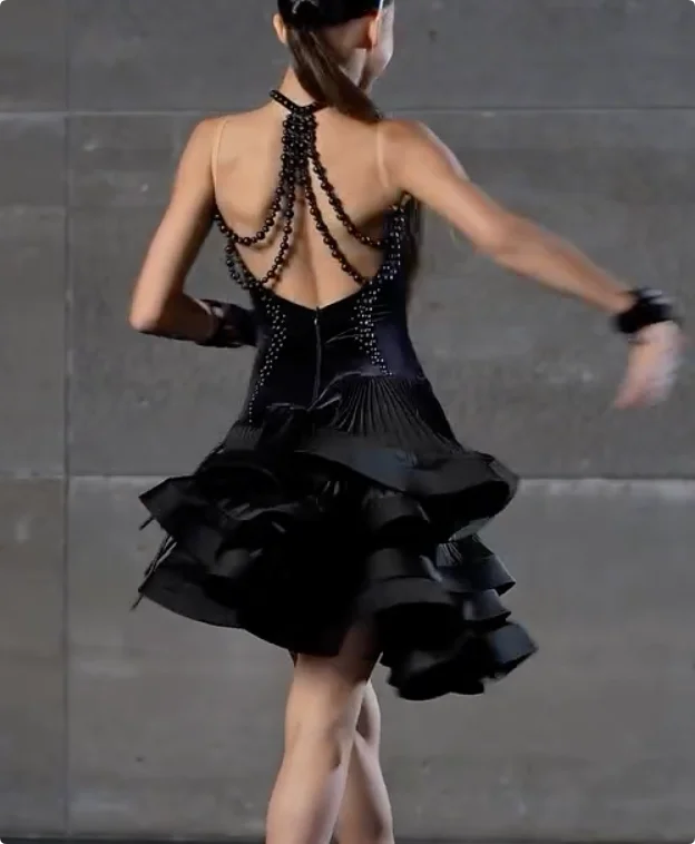 Girls Black Velvet Beaded Latin Ballroom Dance Dress with Pleated Skirt and Ruffles