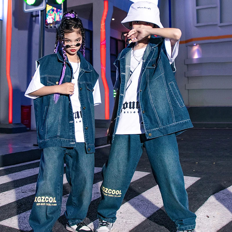 Kids' Unisex Blue Denim Hip Hop Dance Outfit with Vest, White T-Shirt, and Loose-Fit Pants