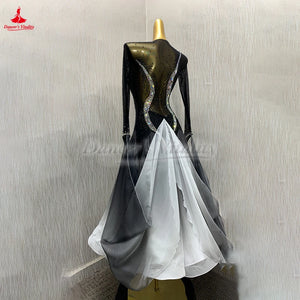 Women's Black and White Ombre Crystal Embellished Mesh Ballroom Dance Dress