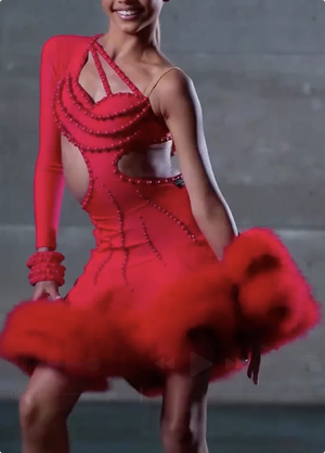 Women's Red Latin Dance Dress, Cut-Out Beaded Spandex Rhythm Ballroom Gown