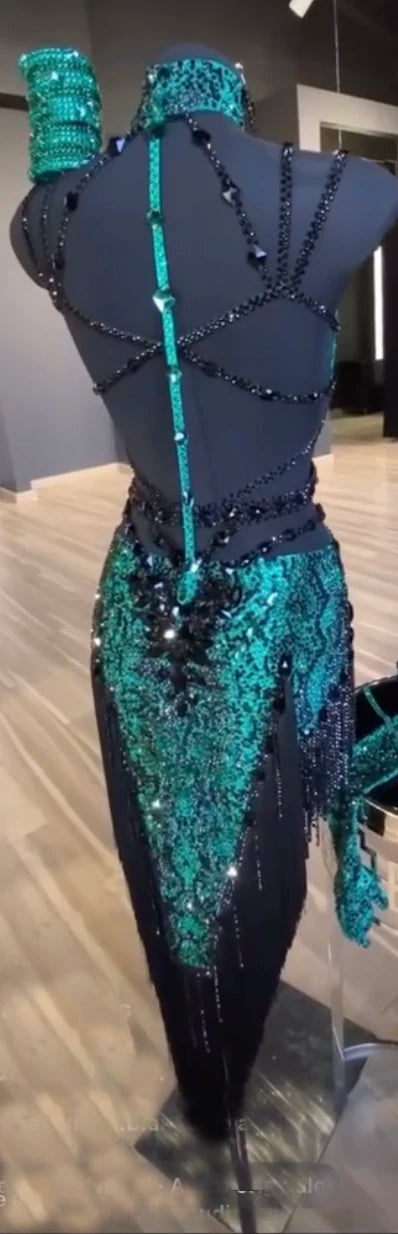 Dance Dress Women's Emerald Green Sequin Beaded Fringe Latin Ballroom Performance Costume