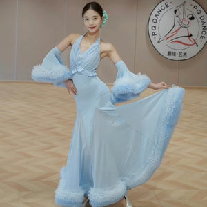 Women's Pink and Blue Halter Neck Ruffle Trim Ballroom Dance Dress