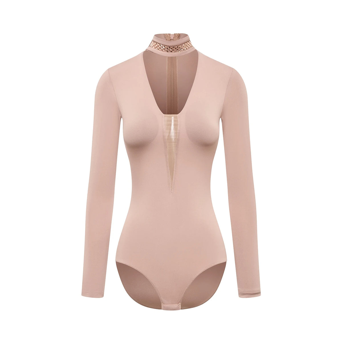 Women's Nude Long Sleeve Mesh Latin Dance Bodysuit with Fringe Skirt