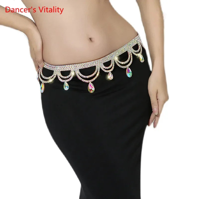Belly Dance Belt Women's Black Sequin & Rhinestone Floral Hip Scarf with Side Slit Skirt