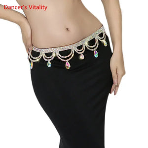 Belly Dance Belt Women's Black Sequin & Rhinestone Floral Hip Scarf with Side Slit Skirt