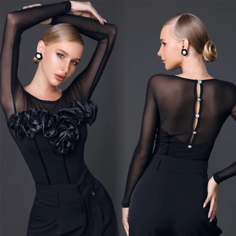 Women's Black Mesh Long Sleeve Bodysuit with Floral Ruffles & Back Buttons, Ballroom Dance
