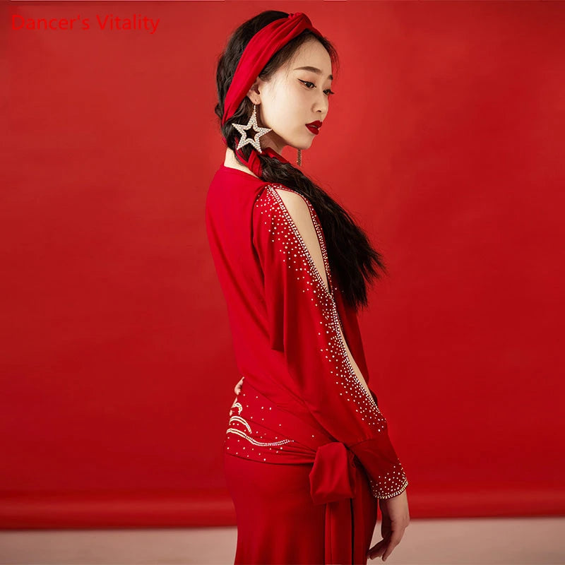 Women's Blue Rhinestone Cold Shoulder Long Sleeve Cowl Neck Slit Skirt Belly Dance Dress