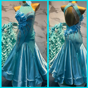 Ballroom Dance Dress Women's Light Blue Halter Neck Rhinestone Floral Satin Smooth Standard