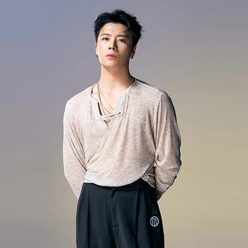 Men's Beige Ribbed Henley Long Sleeve Shirt with Black Wide-Leg Pants - Hip-Hop Dancewear