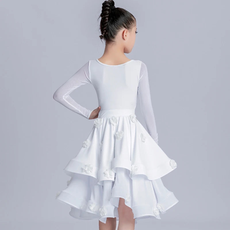 Girls White Ruffle Long Sleeve Latin Dance Dress with Floral Appliques