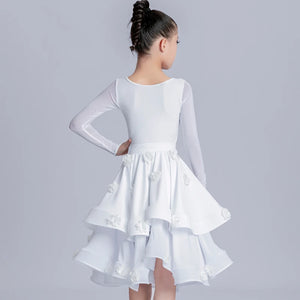 Girls White Ruffle Long Sleeve Latin Dance Dress with Floral Appliques