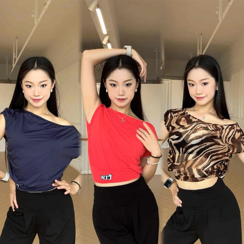 Women's Off-Shoulder Dance Top, Solid & Animal Print, Short Sleeve, Polyester Blend, Latin Dance