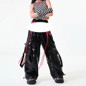 Dance Costume Girls Black White Red Checkered Crop Top Shiny PU Cargo Pants Hip Hop Street Dance