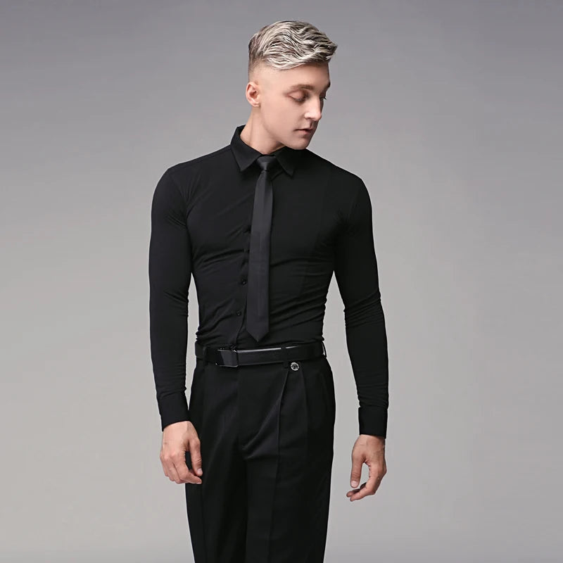 Men's Black Stretch Long Sleeve Dance Shirt with Tie, Ballroom Latin Tango