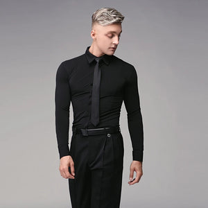 Men's Black Stretch Long Sleeve Dance Shirt with Tie, Ballroom Latin Tango