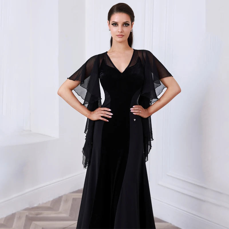 Women's Black Velvet and Chiffon V-Neck Ballroom Dance Dress with Flutter Sleeves