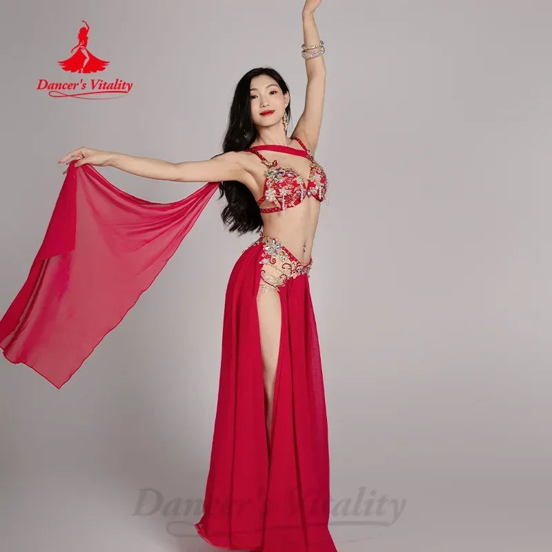 Belly Dance Set Women's Customized Exquisite Pearl Bra+Sexy Split Long Skirt 2pcs Belly Dancer Professional Performance Costume