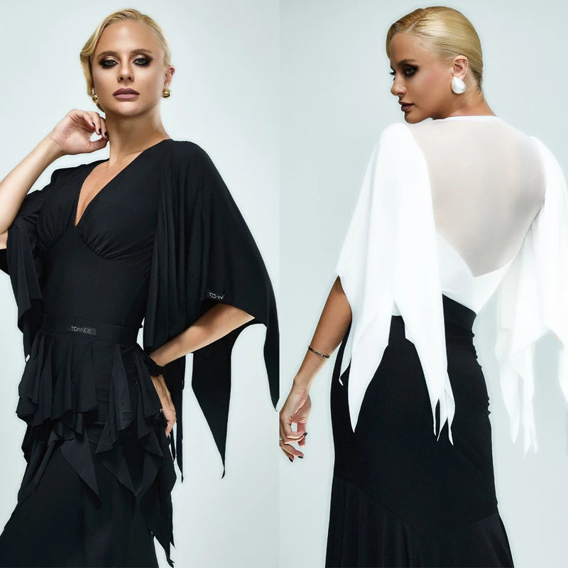 Women's Black V-Neck Long Sleeve Ruffle Latin Dance Dress