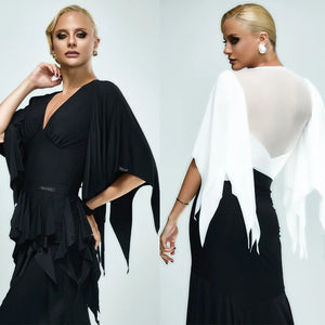 Women's Black V-Neck Long Sleeve Ruffle Latin Dance Dress