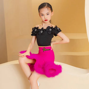 Girls Fuchsia Pink Feathered Latin Dance Skirt Set with Black Off-Shoulder Floral Top