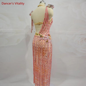 Belly Dance Costume Women's Pink Sequin Rhinestone Cutout Halter Bra & Skirt Set with Arm Cuffs