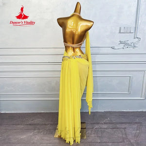 Belly Dance Costume, Women's Yellow Sequin Beaded Chiffon Halter Top & Skirt Set, Professional Performance Wear
