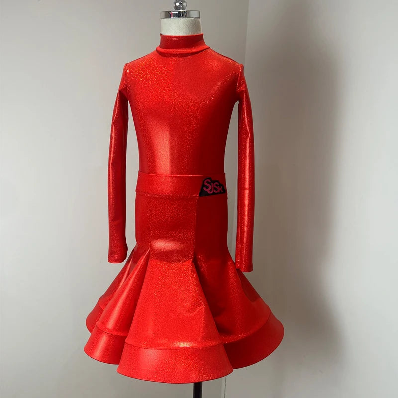 Girls' Silver Shimmer Mock Neck Short Sleeve Ruffled Latin Ballroom Dance Dress