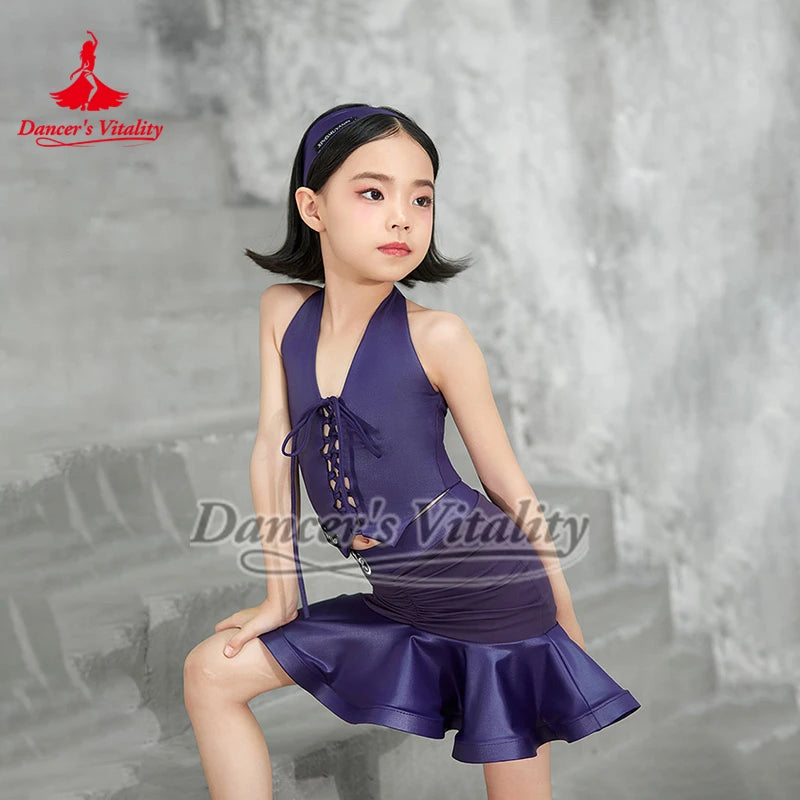 Girls' Purple Halter Lace-Up Ruffled Latin Dance Dress