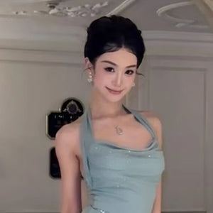 Women's Sage Green Halter Cowl Neck Ruched Fringe Mini Latin Dance Dress