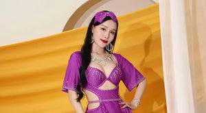 Belly Dance Dress Women's Purple Sequin Cut-Out Slit Maxi Dress with Headband and Jewelry