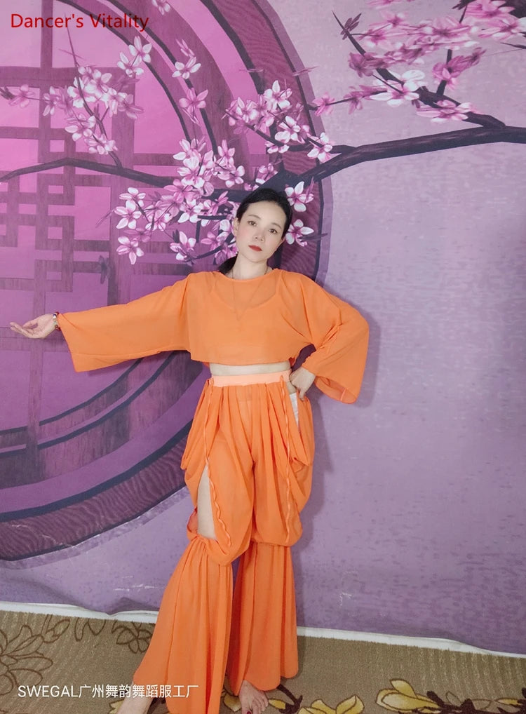 Women's Belly Dance Training Outfit With Long-Sleeve Top And Chiffon Lantern Pants