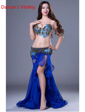 Belly Dance Costume Women's Hot Pink Sequined Halter Top and Ruffled Slit Skirt Set