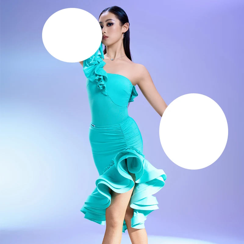 Women's Fuchsia, Purple, Black, Teal, Pink, Aqua, Red, and Beige Ruffled Asymmetrical One-Shoulder Latin Dance Dress