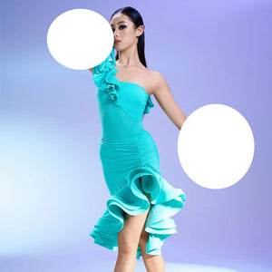 Women's Fuchsia, Purple, Black, Teal, Pink, Aqua, Red, and Beige Ruffled Asymmetrical One-Shoulder Latin Dance Dress