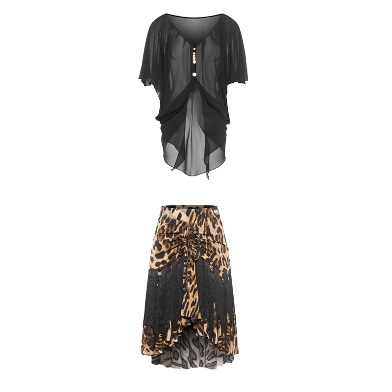Women's Black Chiffon Batwing Sleeve Top with Leopard Print Fringe Latin Dance Skirt