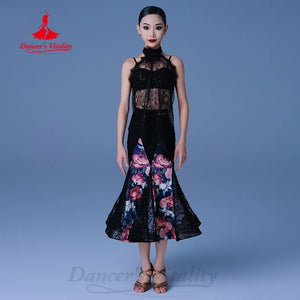 Girls Black Floral Lace Ballroom Dance Dress - High Neck, Sleeveless, Mermaid Skirt