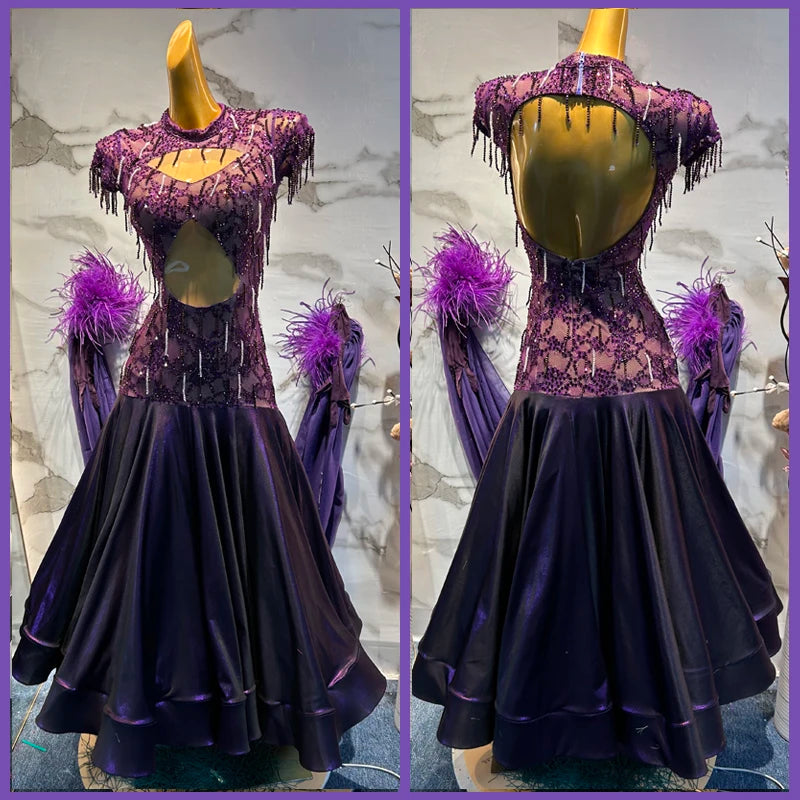 Ballroom Dance Dress Women's Purple Beaded Lace Open Back Feather Trimmed Skirt