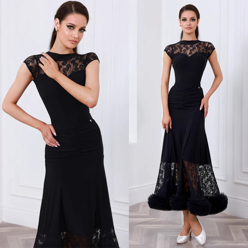 Ballroom Dance Dress Women Black Lace Ruched Long Skirt with Ruffles Latin Rhythm Smooth Standard