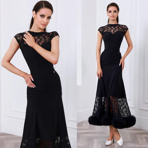 Ballroom Dance Dress Women Black Lace Ruched Long Skirt with Ruffles Latin Rhythm Smooth Standard