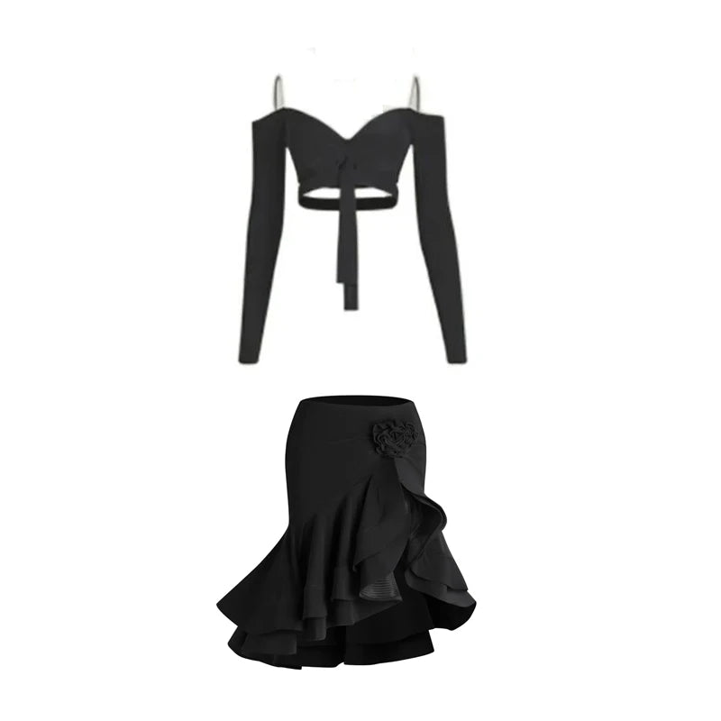 Women's Burgundy & Black Off-Shoulder Crop Top & Ruffled Skirt Latin Dance Costume Set