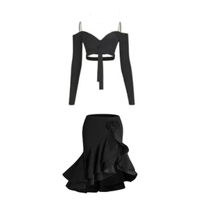 Women's Burgundy & Black Off-Shoulder Crop Top & Ruffled Skirt Latin Dance Costume Set