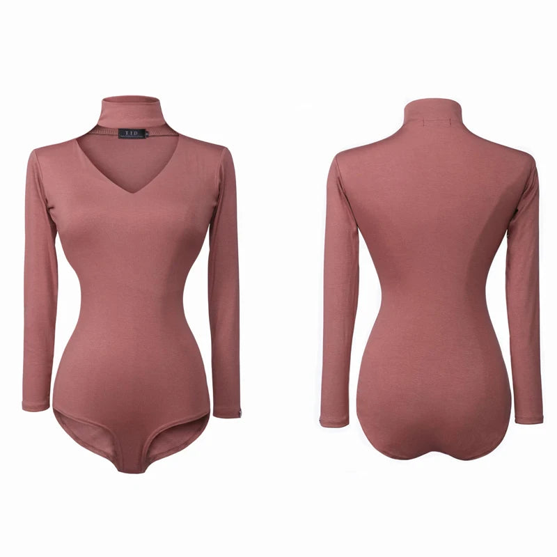 Women's Red Long Sleeve V-Neck Bodysuit with Choker Neckline, Ballroom Dance