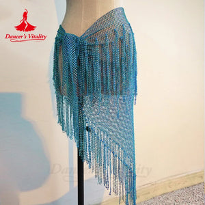 Belly Dance Hip Scarf, Women's Teal Blue Sequin Fringe Mesh Skirt, Latin Dance Hip Wrap