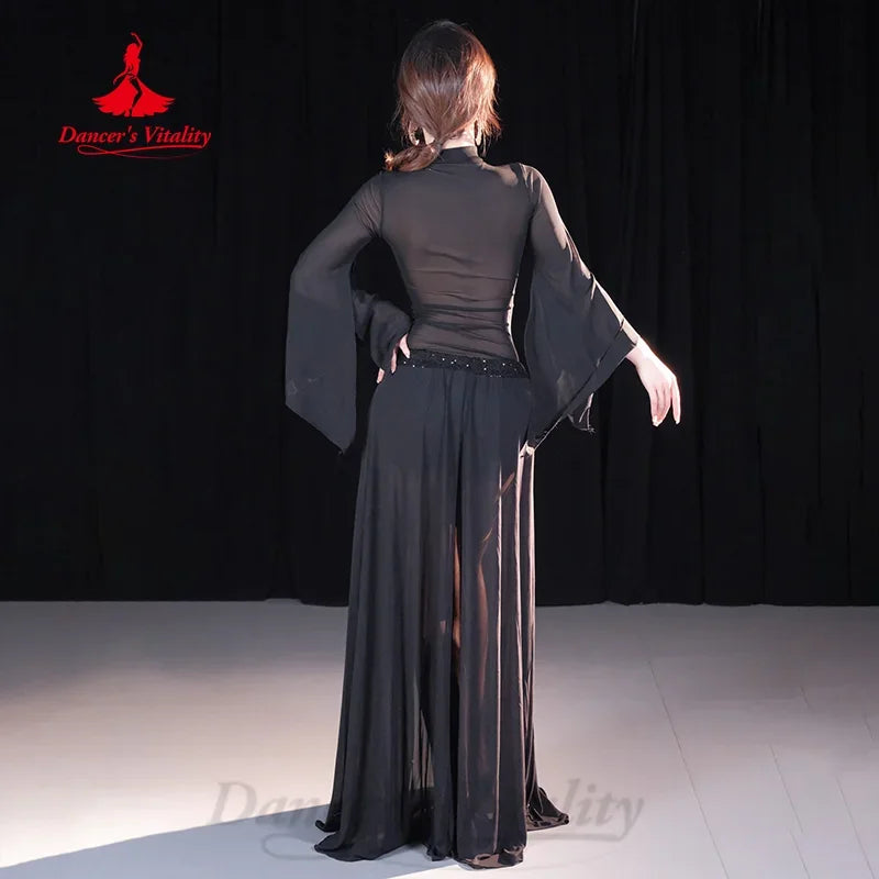 Belly Dance Costume Women's Black Sequin Mesh Long Sleeve Top & Slit Skirt Set for Performance