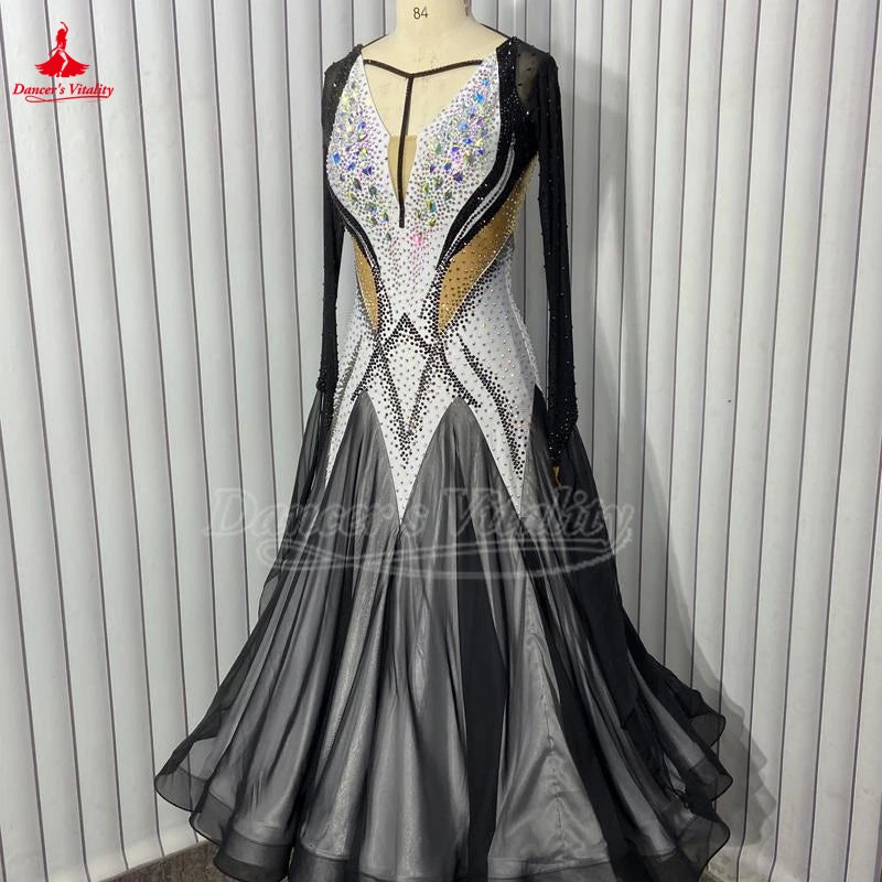 Women's Standard Ballroom Competition Dress With Long Sleeves And Full Swing Skirt For Waltz, Foxtrot, Tango, Quickstep