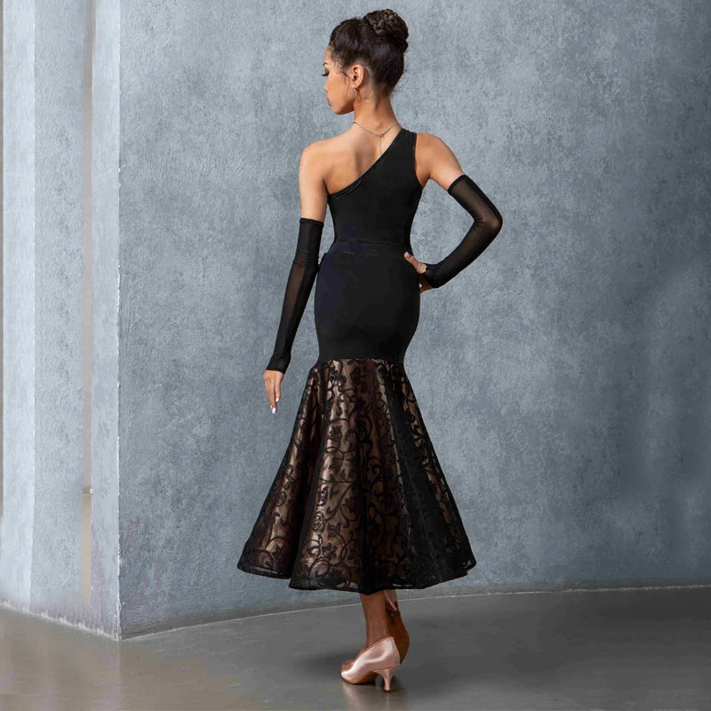 Women's Black One-Shoulder Mesh & Lace Ballroom Dance Dress with Arm Sleeves