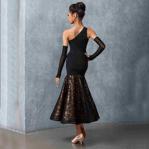 Women's Black One-Shoulder Mesh & Lace Ballroom Dance Dress with Arm Sleeves